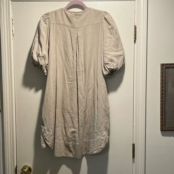 For Cynthia Tan Mini Dress with Puff Sleeves and Crew Neck Rounded Bottom Detail - Picture 8 of 15